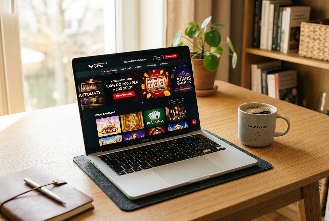 A laptop on a wooden desk showing a professional casino website in Polish language.