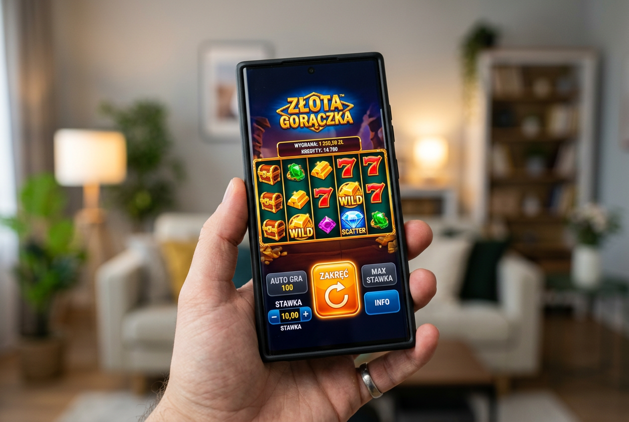 A smartphone displaying a mobile casino slot game with Polish language menu options.