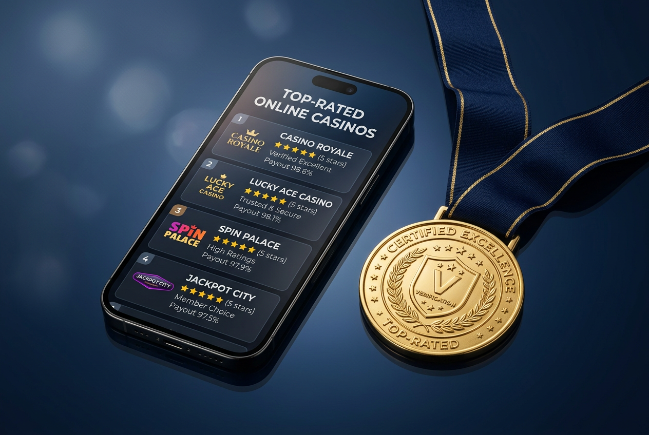 A premium gold medal icon next to a smartphone displaying casino app ratings